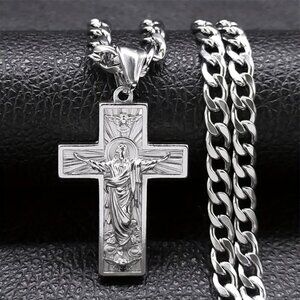 925 Silver Mens 24" Chain Link Cross Crucifix Necklace Guys Christian Jewelry